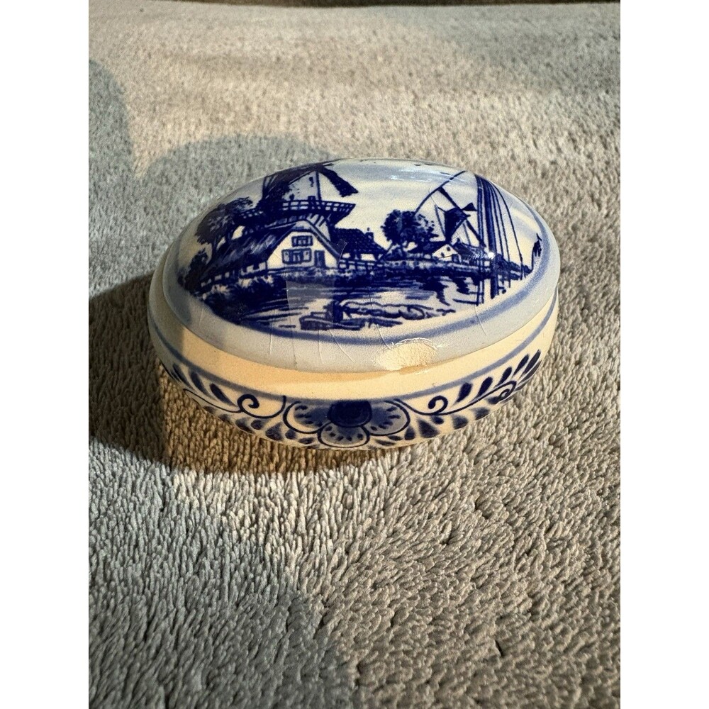 Vintage Delft Blue Nautical Windmill Trinket Jewelry Box Ceramic Holland W Chip